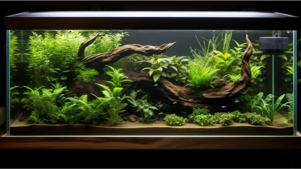 a serene aquarium with a sandy substrate