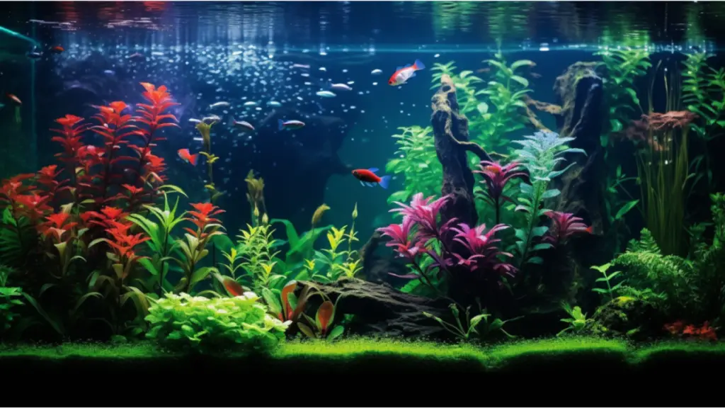 a thriving planted aquarium tank with bright LED lights overhead and bubbles from a CO2 diffuser